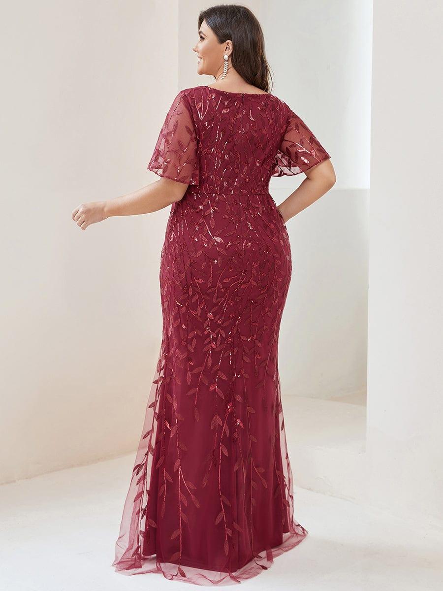 Gorgeous V Neck Leaf-Sequined Fishtail Party Dress #color_Burgundy Gorgeous V Neck Leaf-Sequined Fishtail Party Dress #color_Burgundy