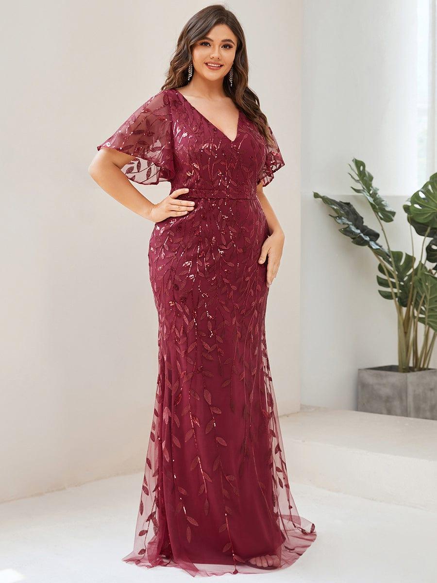 Gorgeous V Neck Leaf-Sequined Fishtail Party Dress #color_Burgundy Gorgeous V Neck Leaf-Sequined Fishtail Party Dress #color_Burgundy