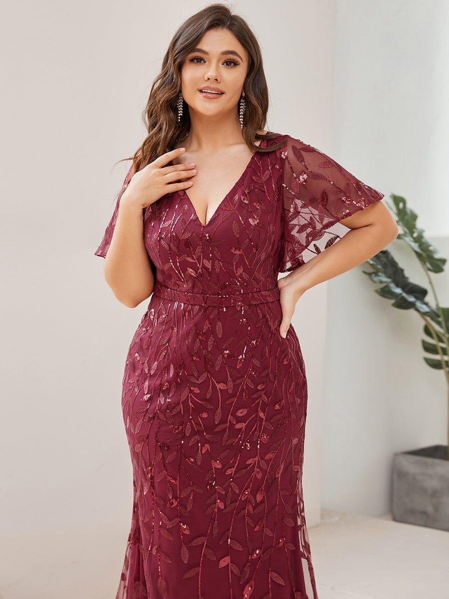 Gorgeous V Neck Leaf-Sequined Fishtail Party Dress #color_Burgundy Gorgeous V Neck Leaf-Sequined Fishtail Party Dress #color_Burgundy