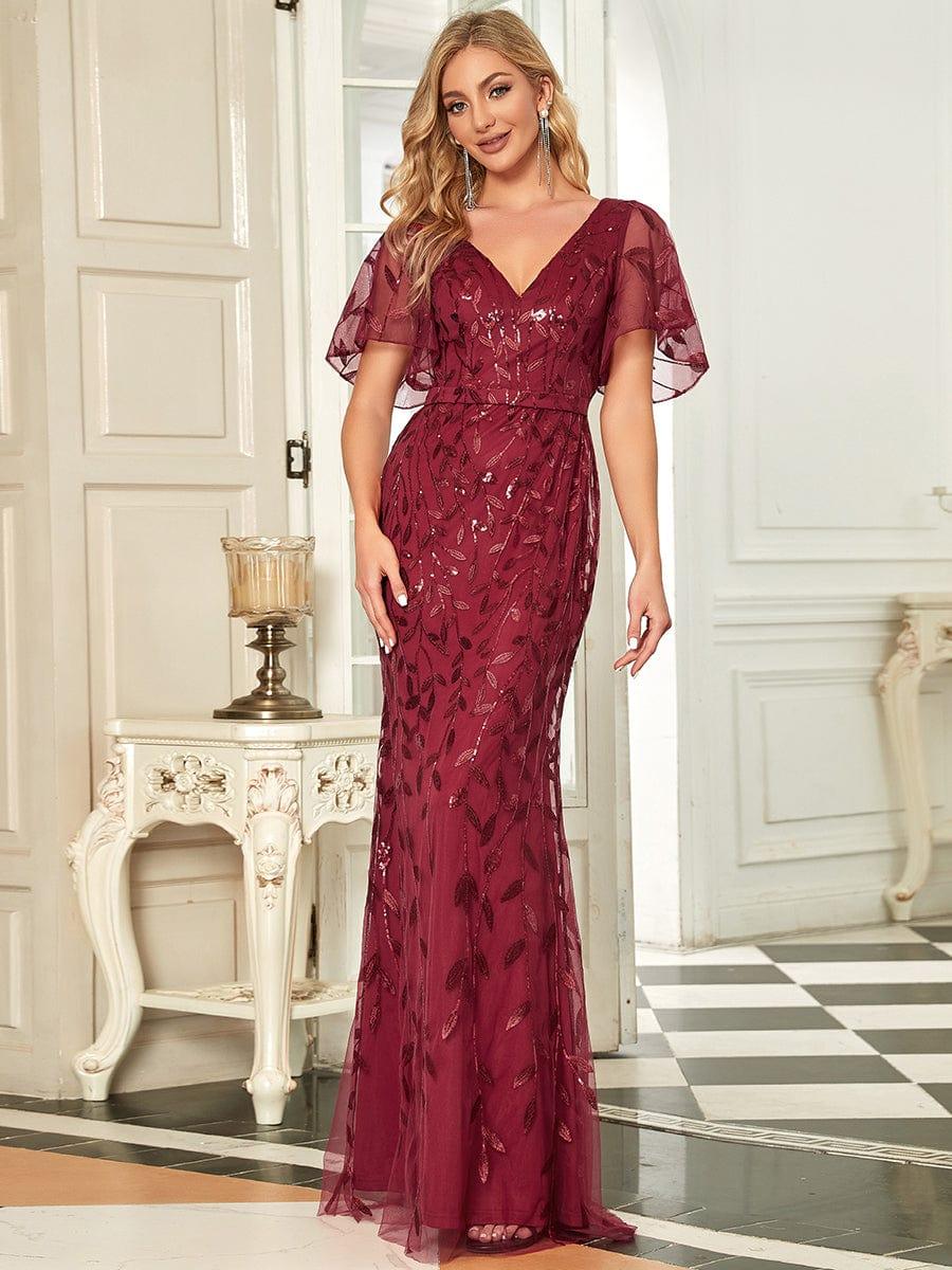 Gorgeous V Neck Leaf-Sequined Fishtail Party Dress #color_Burgundy Gorgeous V Neck Leaf-Sequined Fishtail Party Dress #color_Burgundy