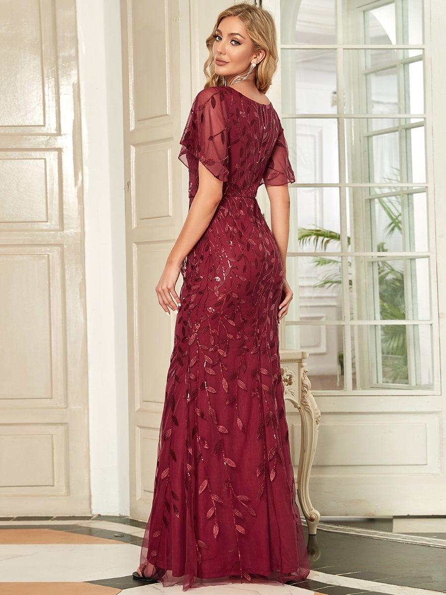 Gorgeous V Neck Leaf-Sequined Fishtail Party Dress #color_Burgundy Gorgeous V Neck Leaf-Sequined Fishtail Party Dress #color_Burgundy