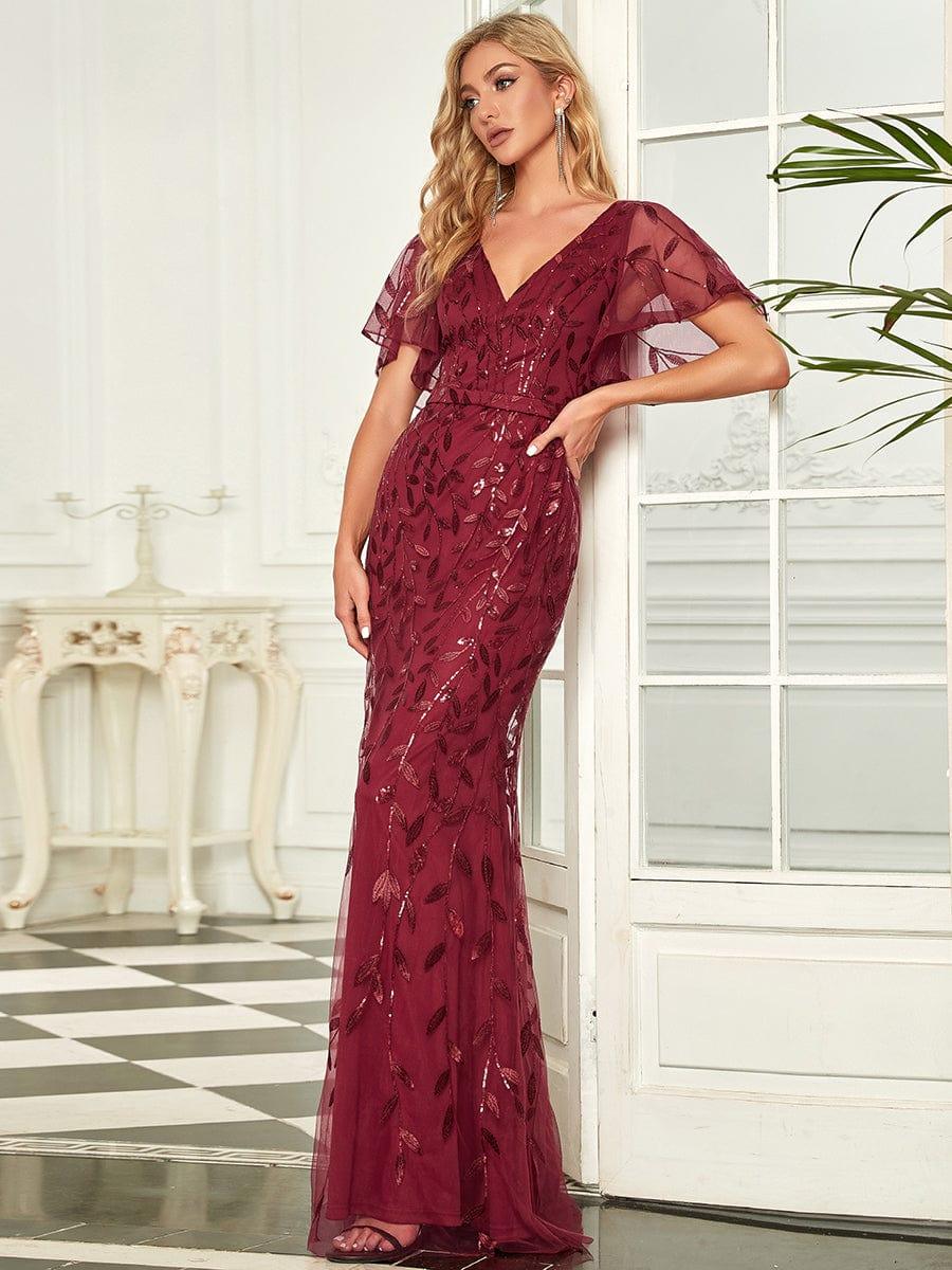 Gorgeous V Neck Leaf-Sequined Fishtail Party Dress #color_Burgundy Gorgeous V Neck Leaf-Sequined Fishtail Party Dress #color_Burgundy