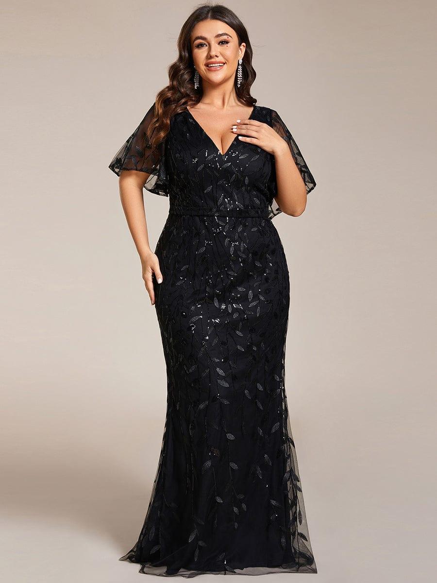 Gorgeous V Neck Leaf-Sequined Fishtail Party Dress #color_Black Gorgeous V Neck Leaf-Sequined Fishtail Party Dress #color_Black