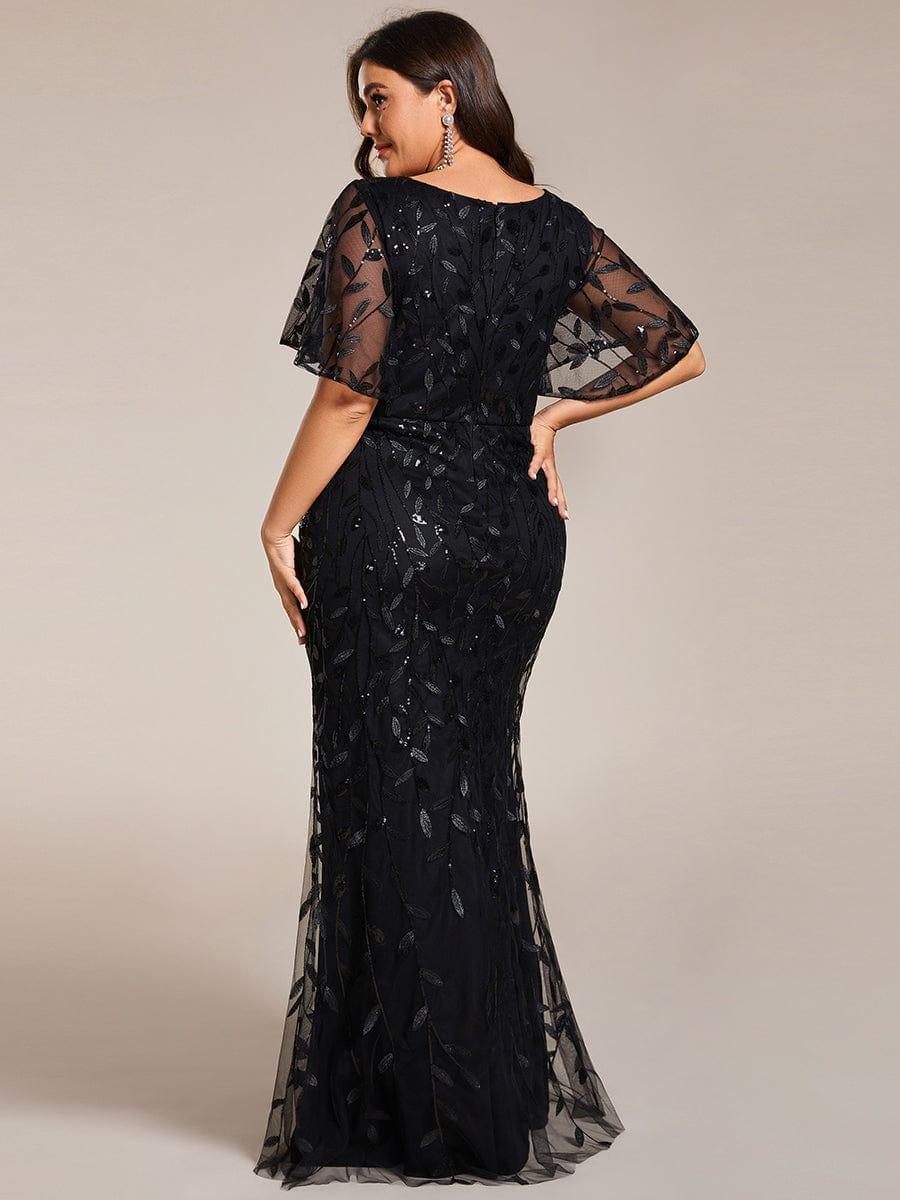 Gorgeous V Neck Leaf-Sequined Fishtail Party Dress #color_Black Gorgeous V Neck Leaf-Sequined Fishtail Party Dress #color_Black