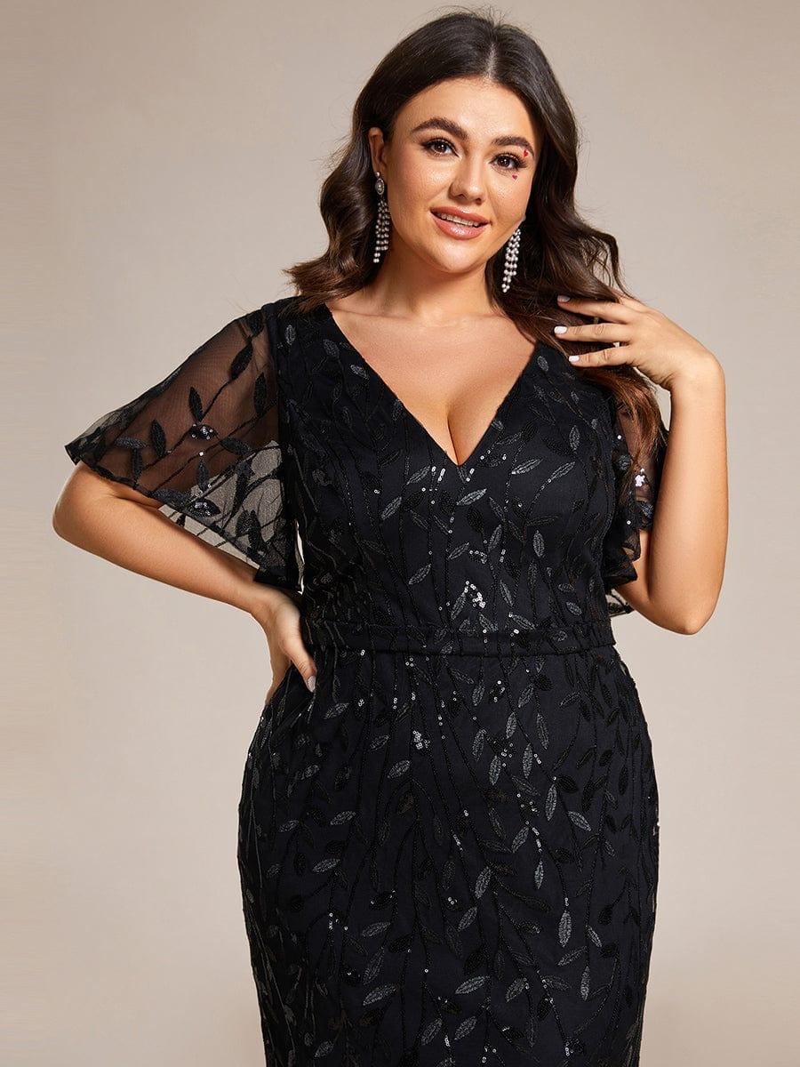 Gorgeous V Neck Leaf-Sequined Fishtail Party Dress #color_Black Gorgeous V Neck Leaf-Sequined Fishtail Party Dress #color_Black
