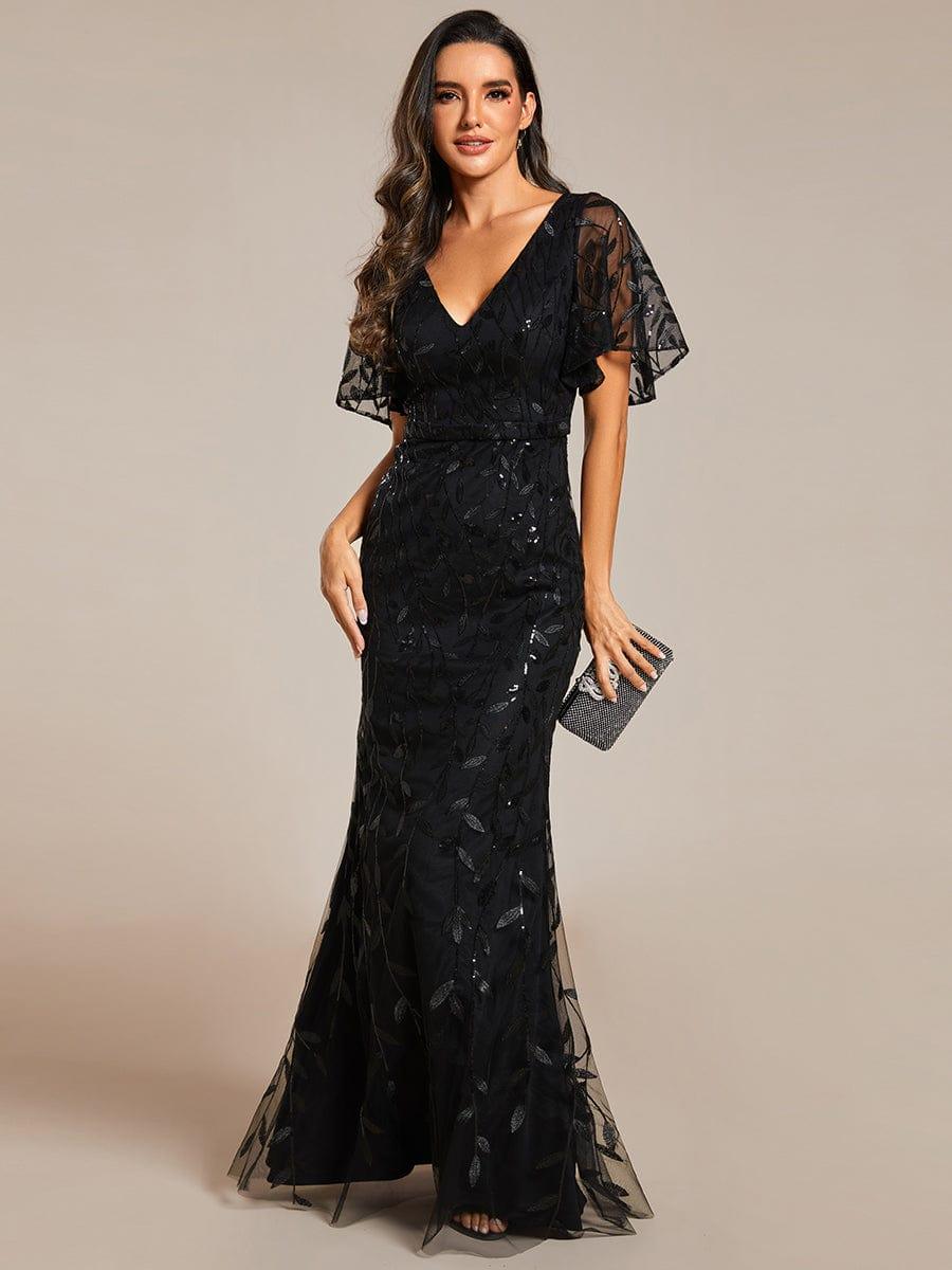 Gorgeous V Neck Leaf-Sequined Fishtail Party Dress #color_Black Gorgeous V Neck Leaf-Sequined Fishtail Party Dress #color_Black