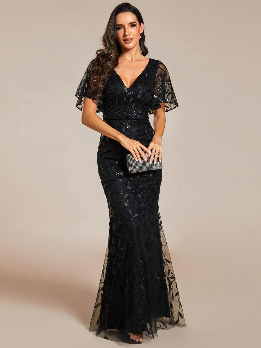 Gorgeous V Neck Leaf-Sequined Fishtail Party Dress #color_Black Gorgeous V Neck Leaf-Sequined Fishtail Party Dress #color_Black