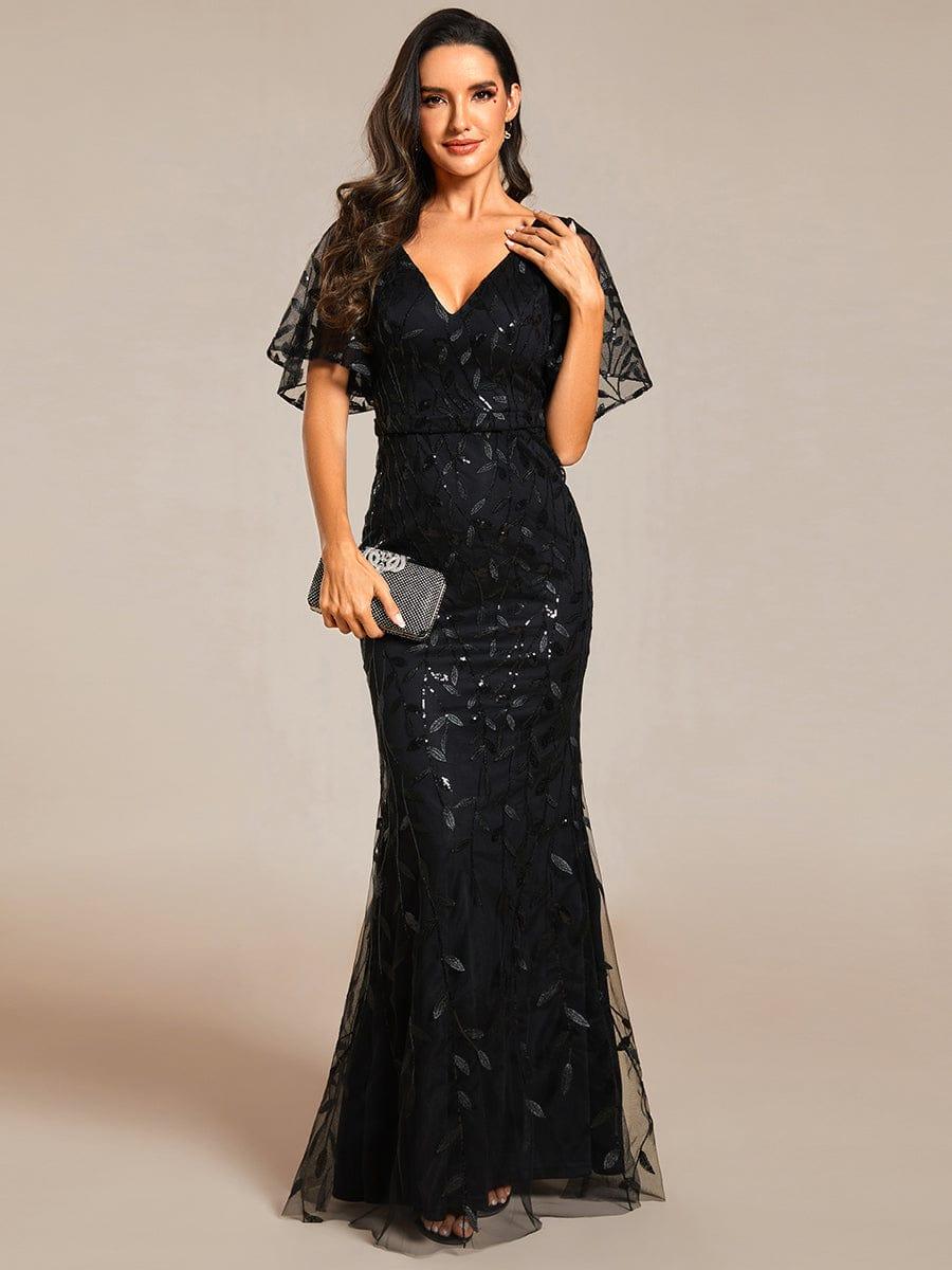 Gorgeous V Neck Leaf-Sequined Fishtail Party Dress #color_Black Gorgeous V Neck Leaf-Sequined Fishtail Party Dress #color_Black
