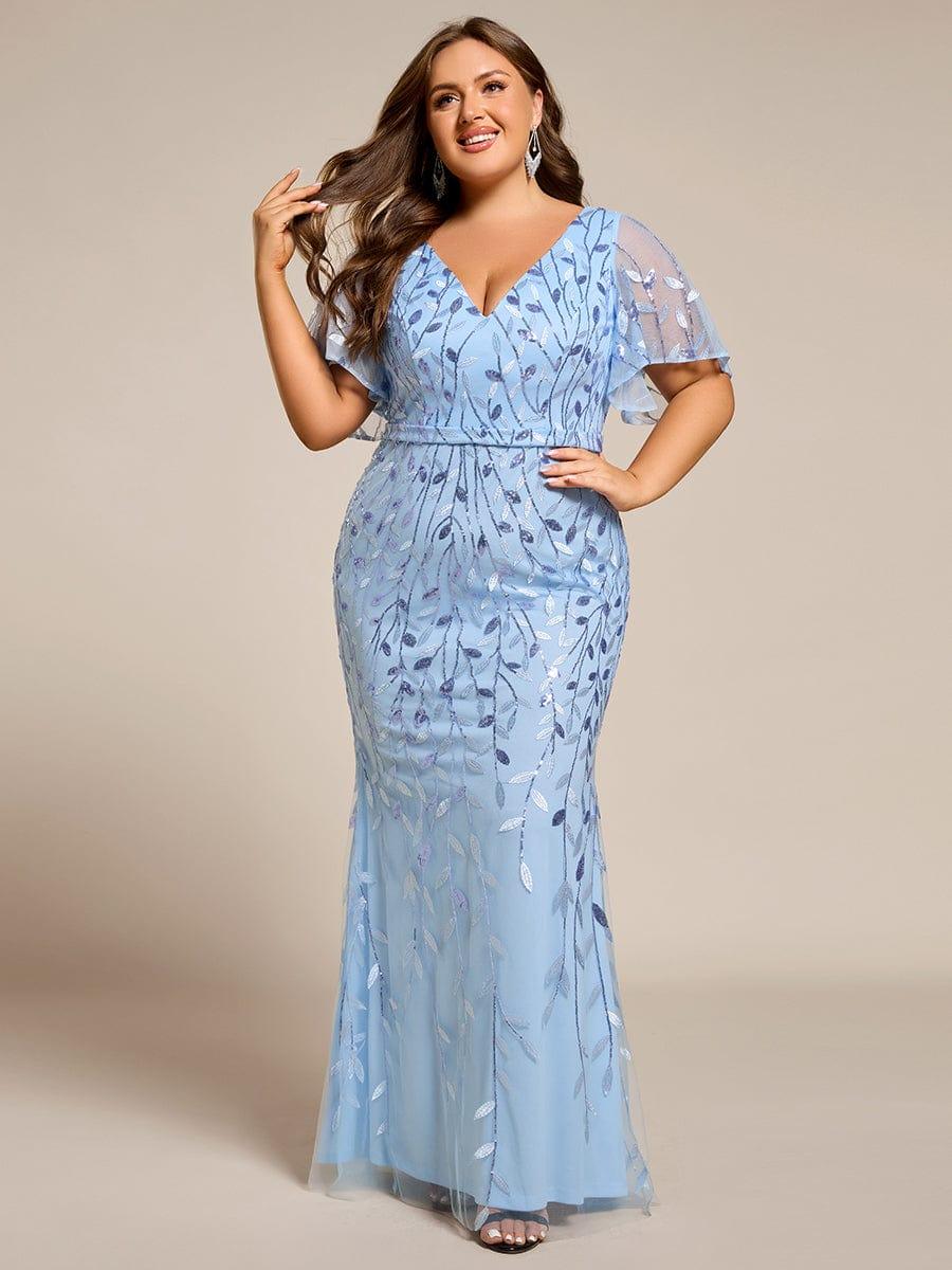 Gorgeous V Neck Leaf-Sequined Fishtail Party Dress #color_Sky Blue Gorgeous V Neck Leaf-Sequined Fishtail Party Dress #color_Sky Blue