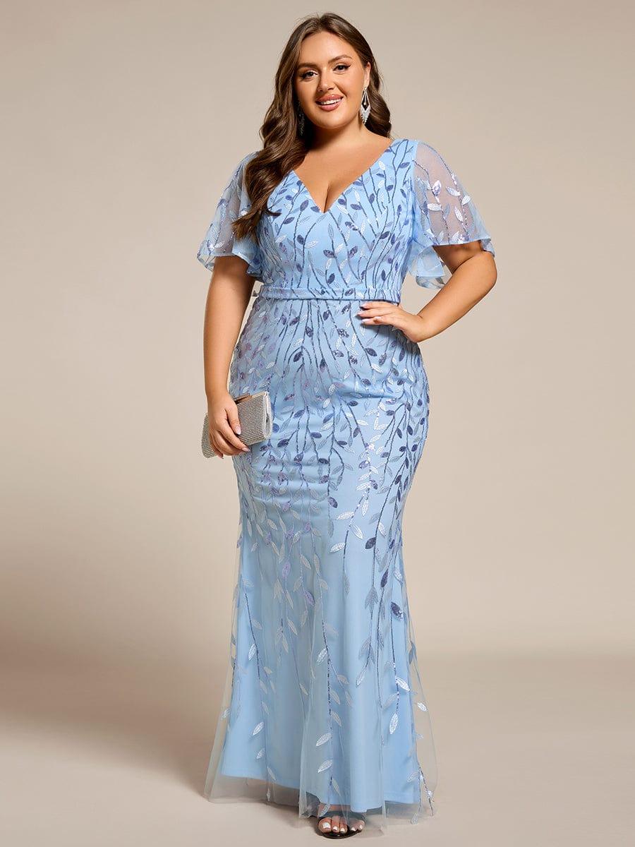 Gorgeous V Neck Leaf-Sequined Fishtail Party Dress #color_Sky Blue Gorgeous V Neck Leaf-Sequined Fishtail Party Dress #color_Sky Blue