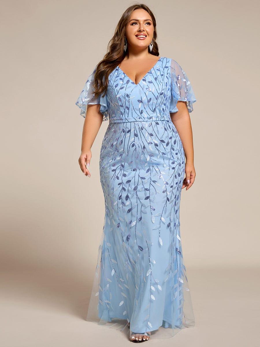 Gorgeous V Neck Leaf-Sequined Fishtail Party Dress #color_Sky Blue Gorgeous V Neck Leaf-Sequined Fishtail Party Dress #color_Sky Blue