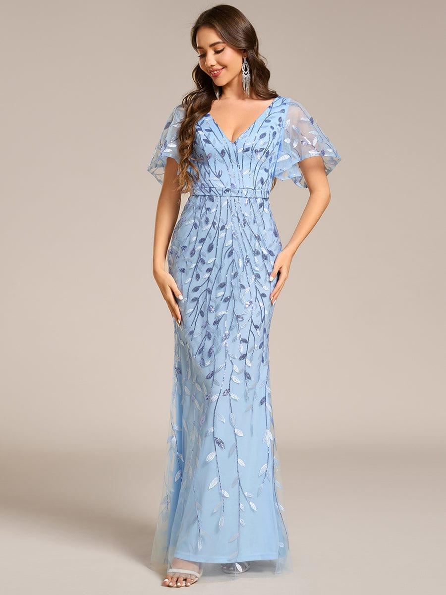 Gorgeous V Neck Leaf-Sequined Fishtail Party Dress #color_Sky Blue Gorgeous V Neck Leaf-Sequined Fishtail Party Dress #color_Sky Blue