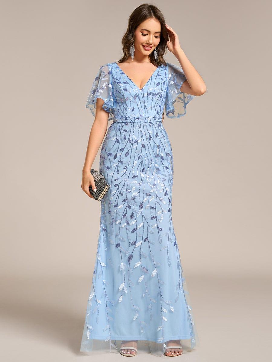 Gorgeous V Neck Leaf-Sequined Fishtail Party Dress #color_Sky Blue Gorgeous V Neck Leaf-Sequined Fishtail Party Dress #color_Sky Blue