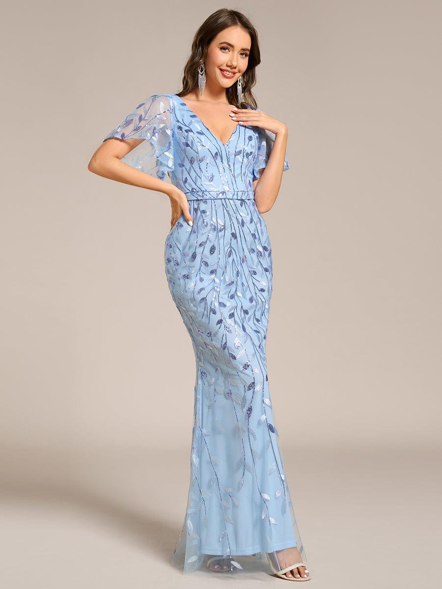 Gorgeous V Neck Leaf-Sequined Fishtail Party Dress #color_Sky Blue Gorgeous V Neck Leaf-Sequined Fishtail Party Dress #color_Sky Blue