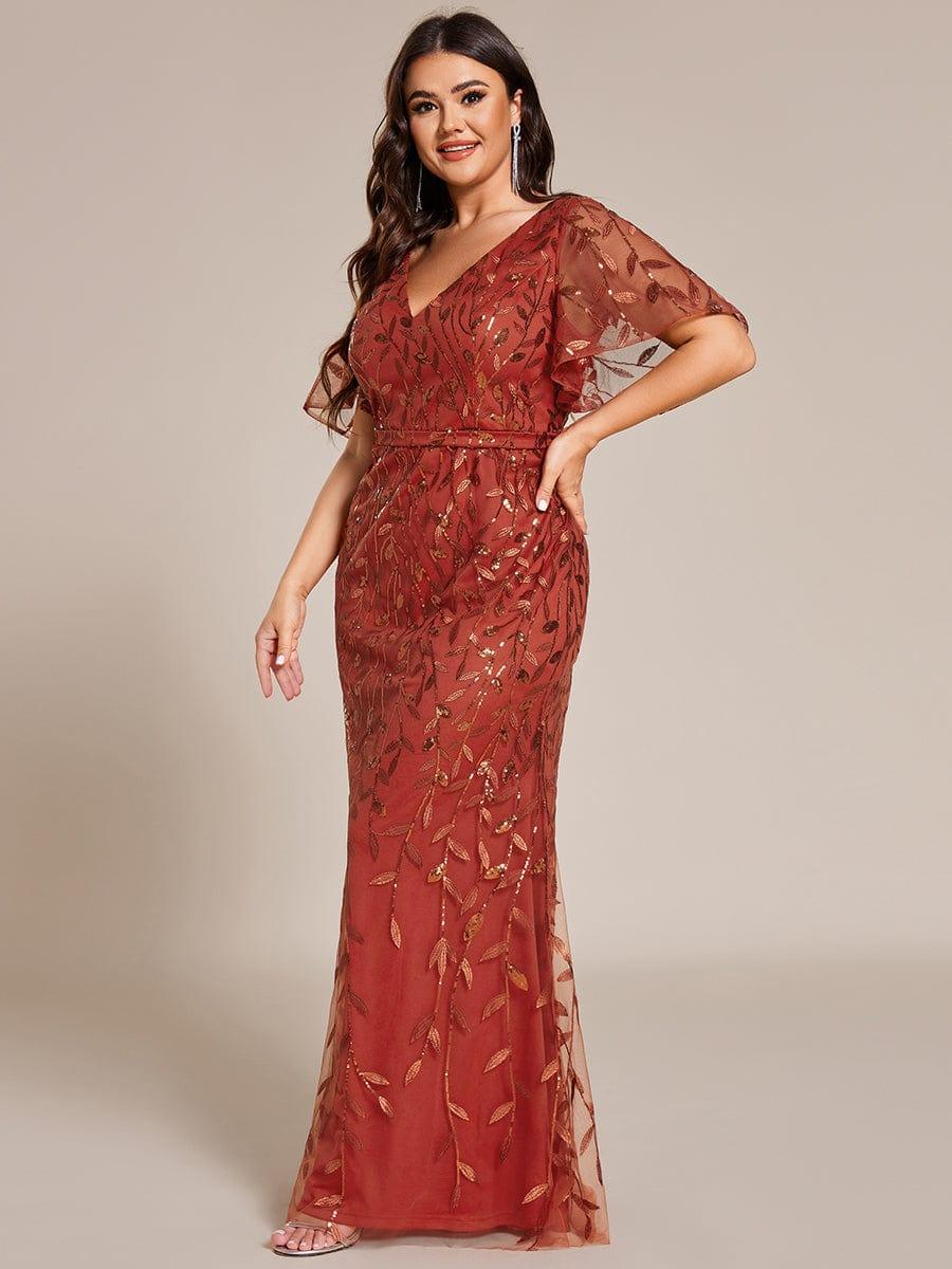 Gorgeous V Neck Leaf-Sequined Fishtail Party Dress #color_Burnt Orange Gorgeous V Neck Leaf-Sequined Fishtail Party Dress #color_Burnt Orange