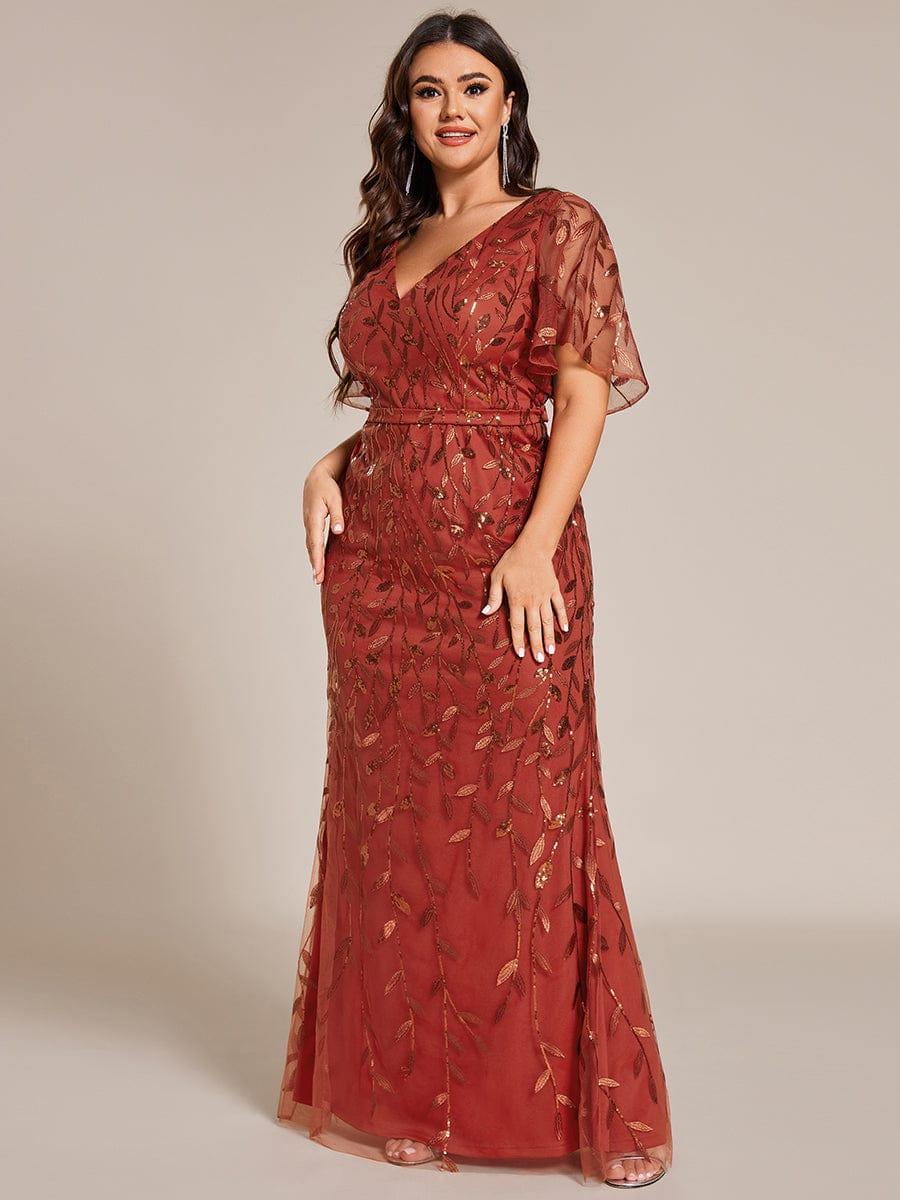 Gorgeous V Neck Leaf-Sequined Fishtail Party Dress #color_Burnt Orange Gorgeous V Neck Leaf-Sequined Fishtail Party Dress #color_Burnt Orange