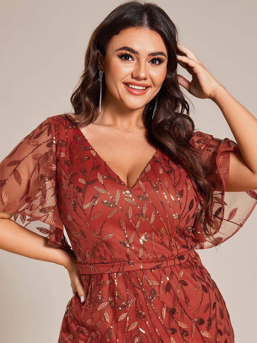 Gorgeous V Neck Leaf-Sequined Fishtail Party Dress #color_Burnt Orange Gorgeous V Neck Leaf-Sequined Fishtail Party Dress #color_Burnt Orange
