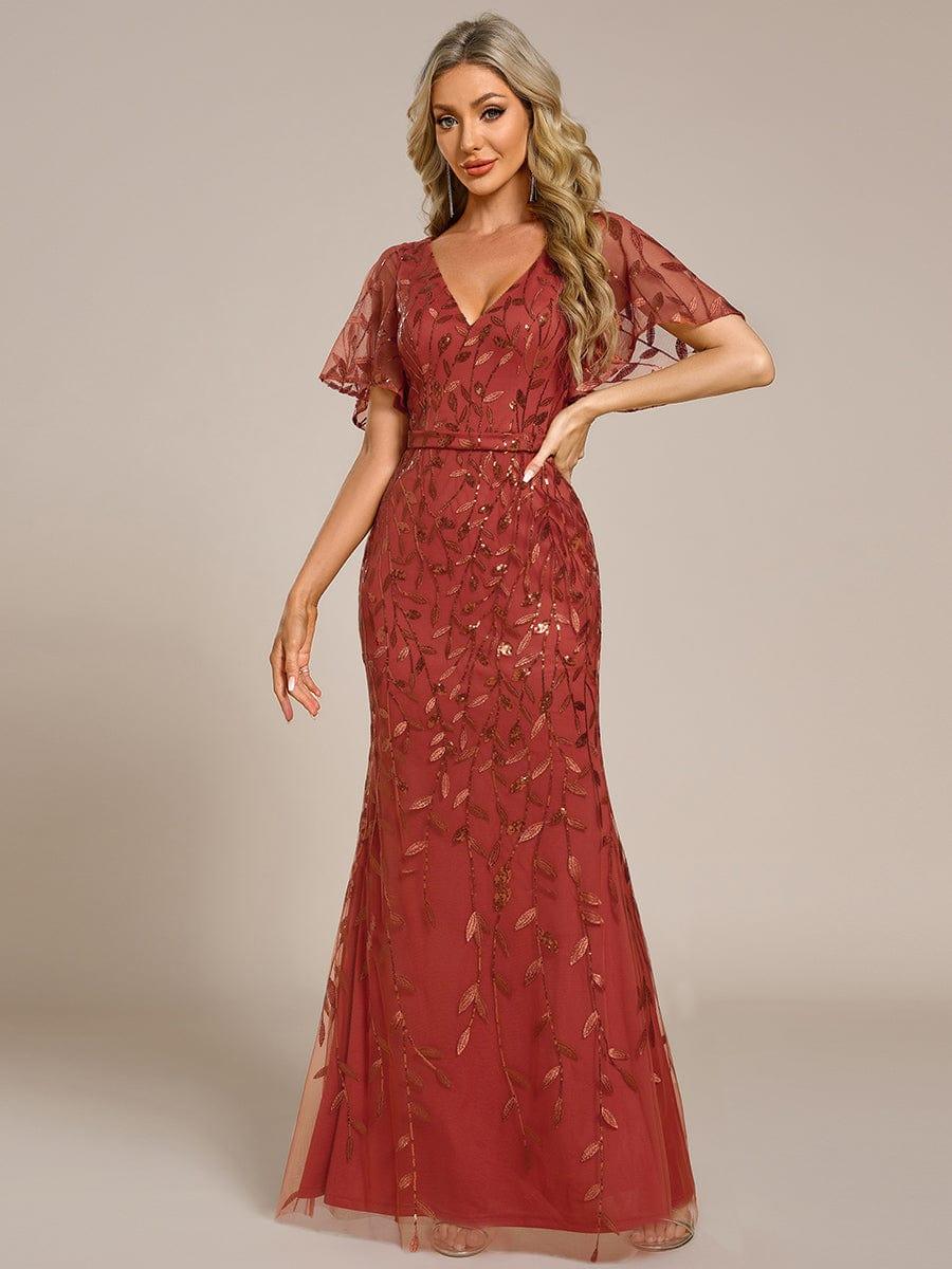 Gorgeous V Neck Leaf-Sequined Fishtail Party Dress #color_Burnt Orange Gorgeous V Neck Leaf-Sequined Fishtail Party Dress #color_Burnt Orange