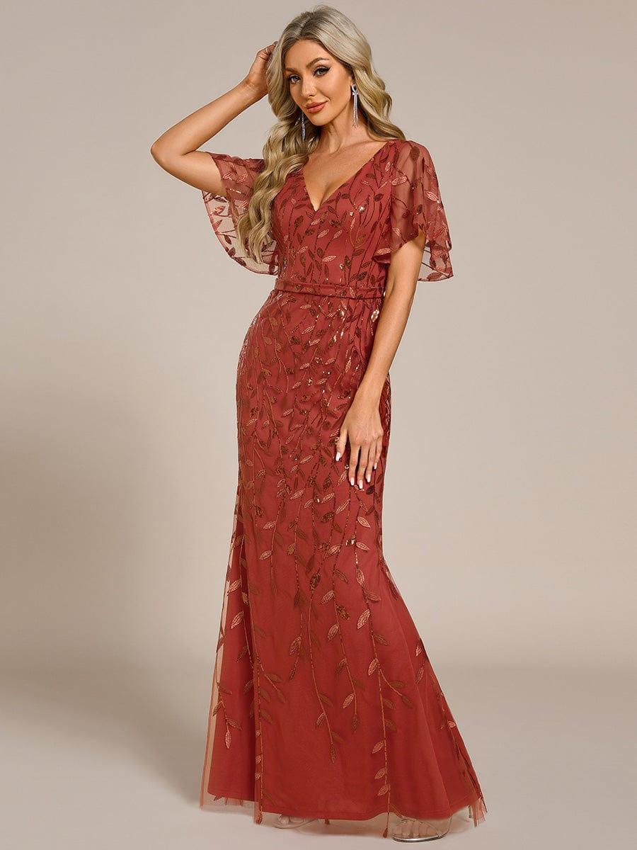 Gorgeous V Neck Leaf-Sequined Fishtail Party Dress #color_Burnt Orange Gorgeous V Neck Leaf-Sequined Fishtail Party Dress #color_Burnt Orange