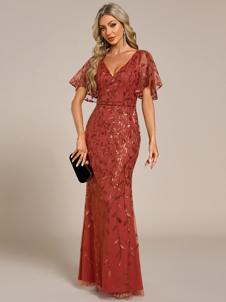 Gorgeous V Neck Leaf-Sequined Fishtail Party Dress #color_Burnt Orange Gorgeous V Neck Leaf-Sequined Fishtail Party Dress #color_Burnt Orange