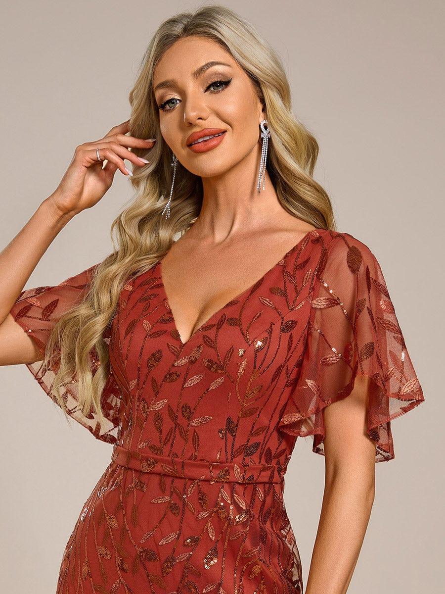 Gorgeous V Neck Leaf-Sequined Fishtail Party Dress #color_Burnt Orange Gorgeous V Neck Leaf-Sequined Fishtail Party Dress #color_Burnt Orange