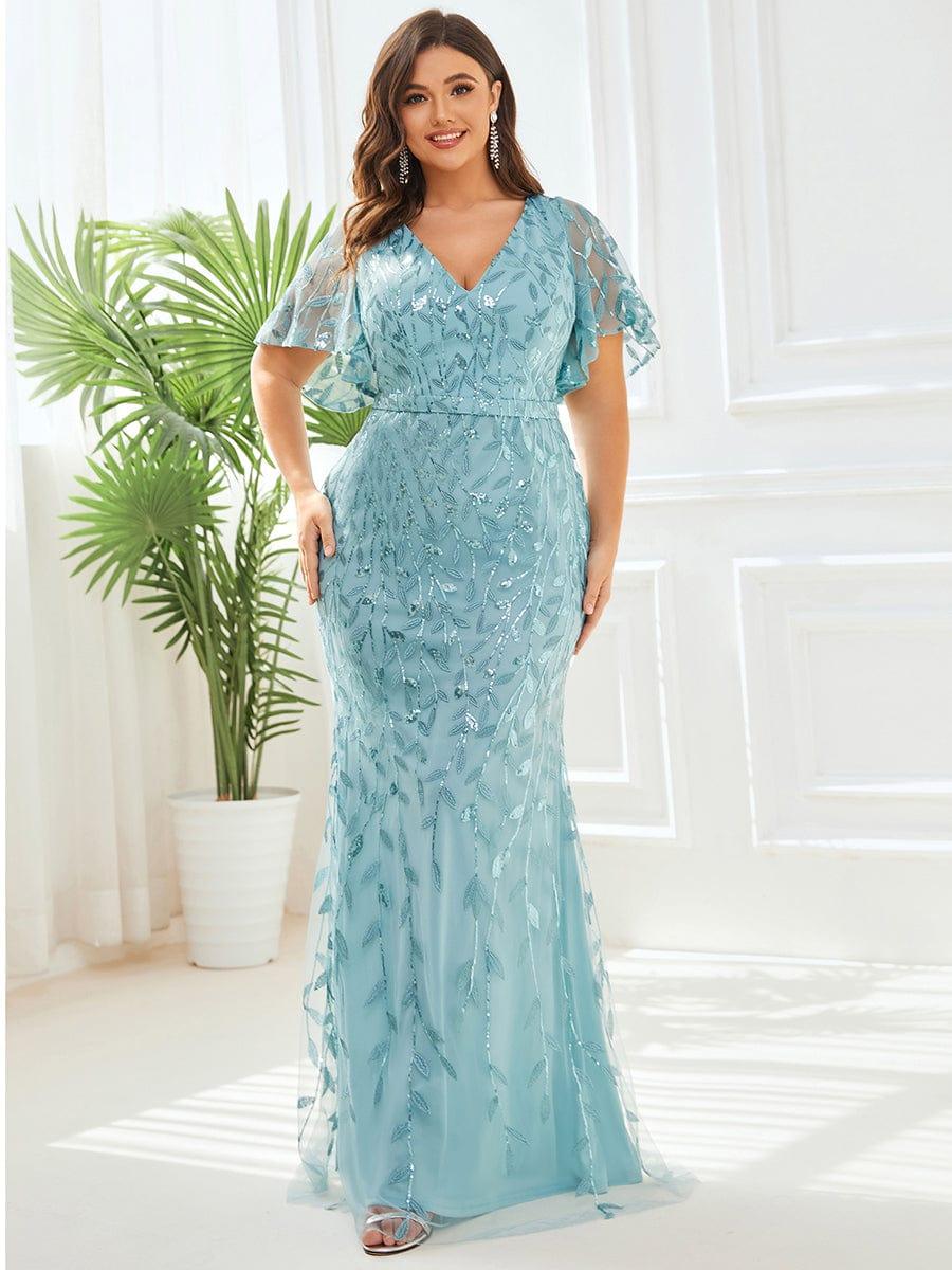 Gorgeous V Neck Leaf-Sequined Fishtail Party Dress #color_Light Teal Gorgeous V Neck Leaf-Sequined Fishtail Party Dress #color_Light Teal