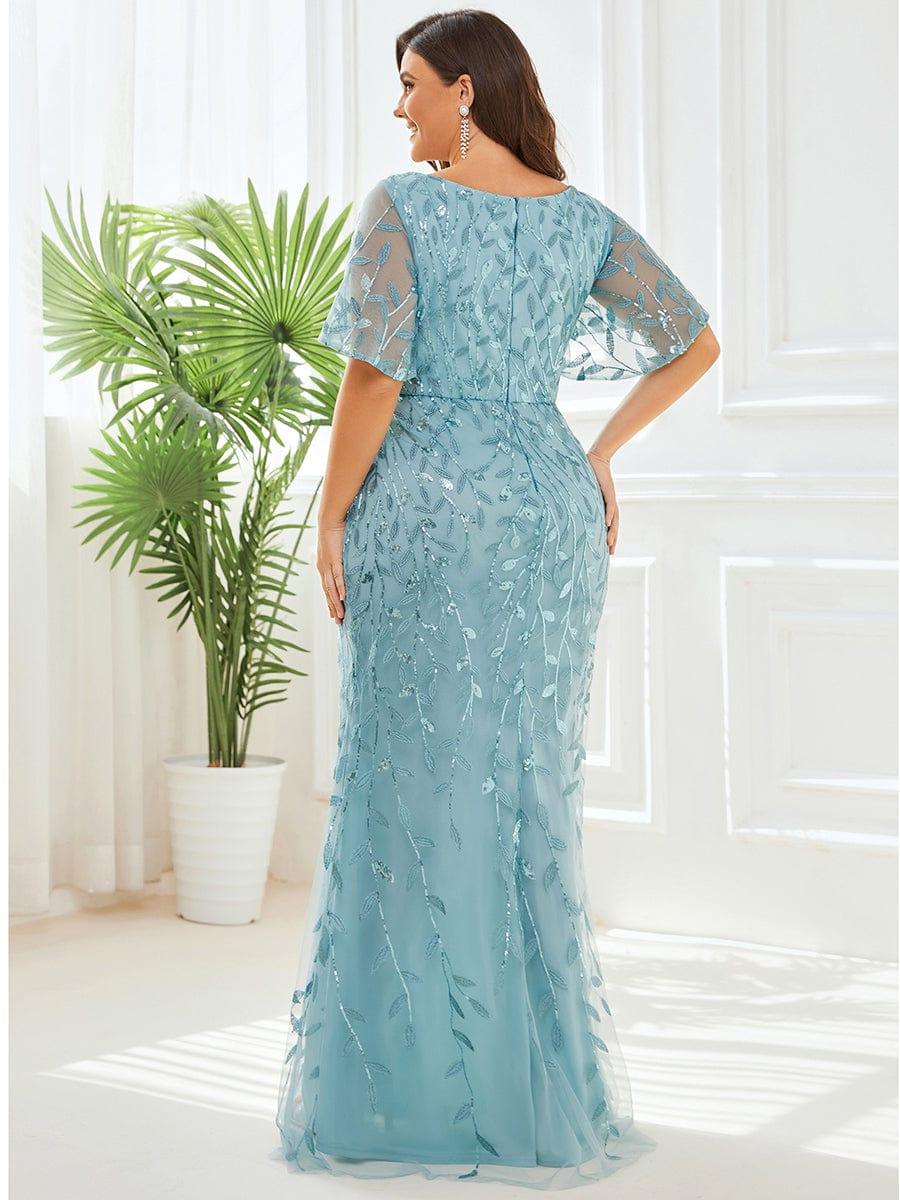Gorgeous V Neck Leaf-Sequined Fishtail Party Dress #color_Light Teal Gorgeous V Neck Leaf-Sequined Fishtail Party Dress #color_Light Teal