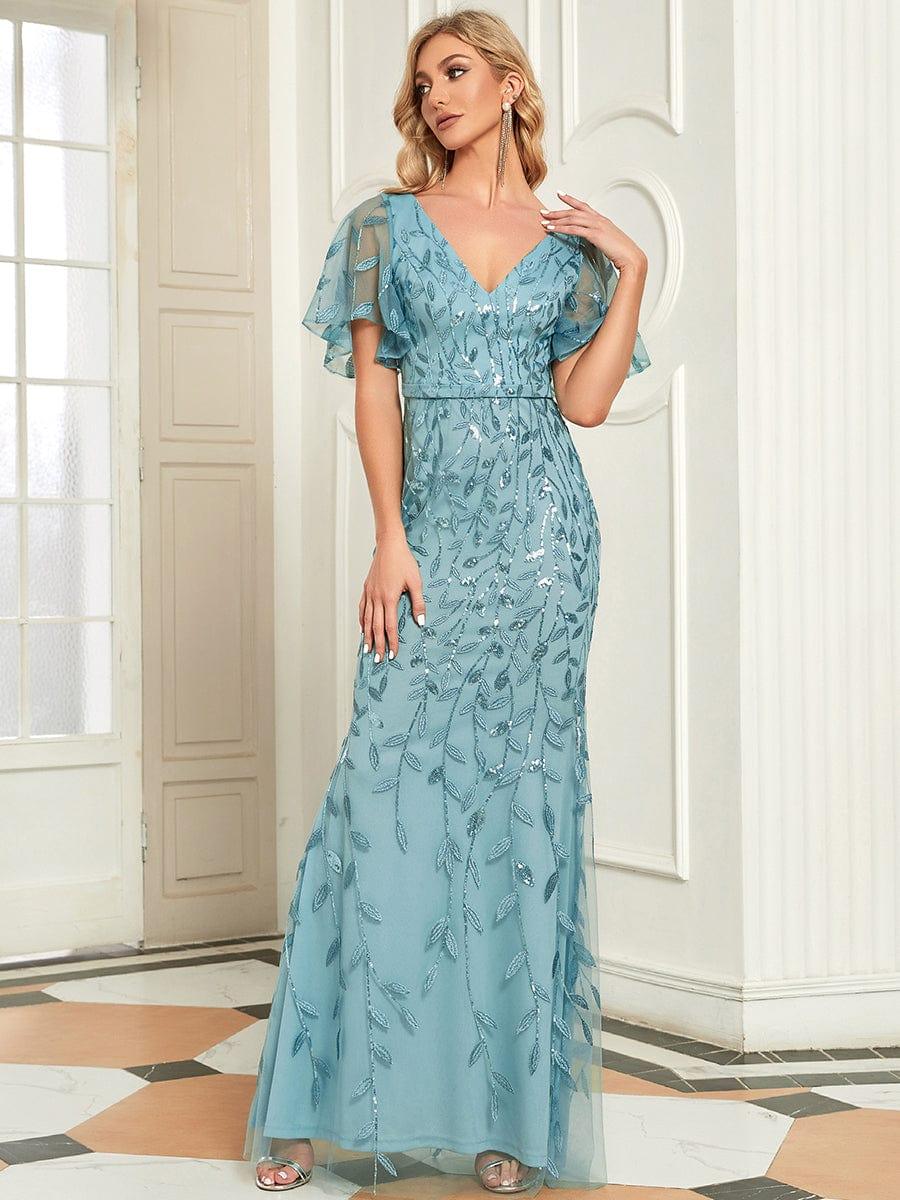 Gorgeous V Neck Leaf-Sequined Fishtail Party Dress #color_Light Teal Gorgeous V Neck Leaf-Sequined Fishtail Party Dress #color_Light Teal