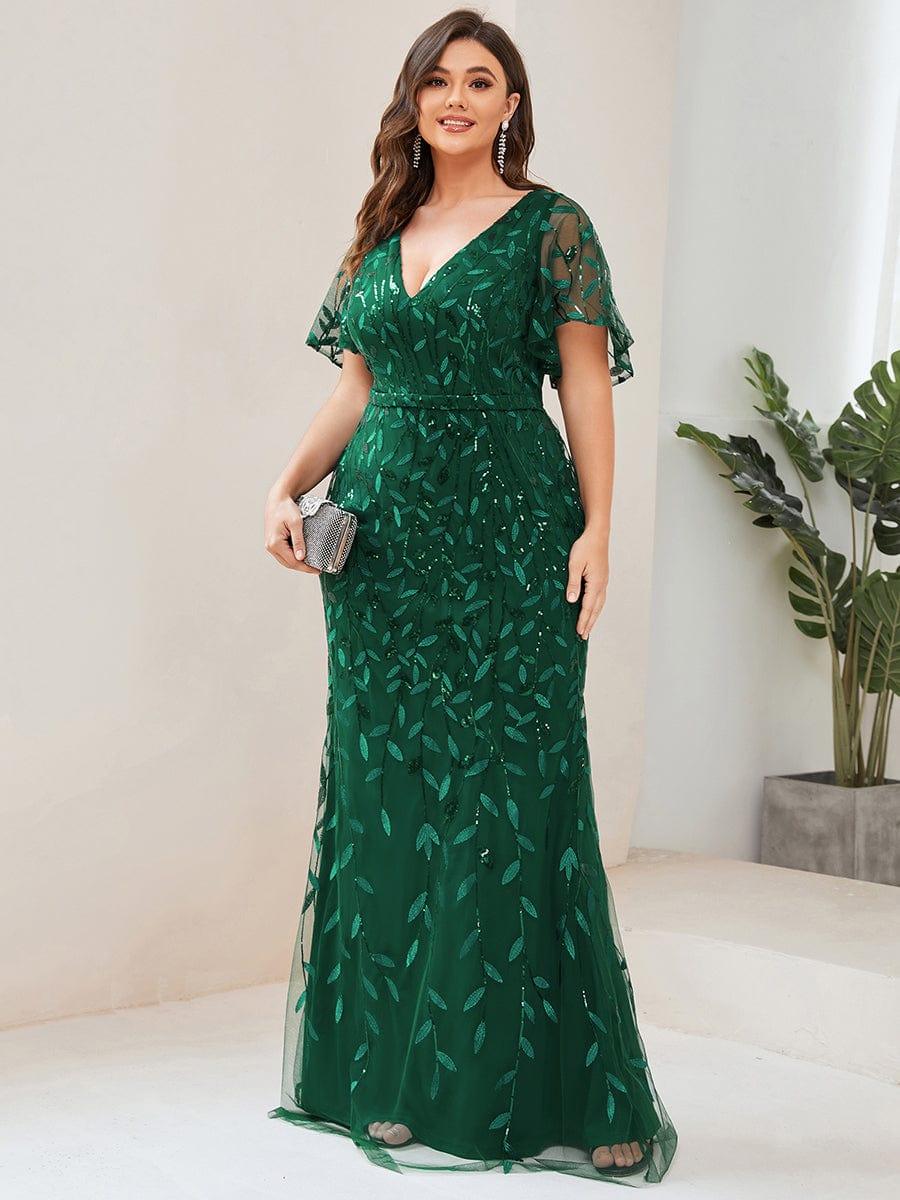 Gorgeous V Neck Leaf-Sequined Fishtail Party Dress #color_Dark Green Gorgeous V Neck Leaf-Sequined Fishtail Party Dress #color_Dark Green