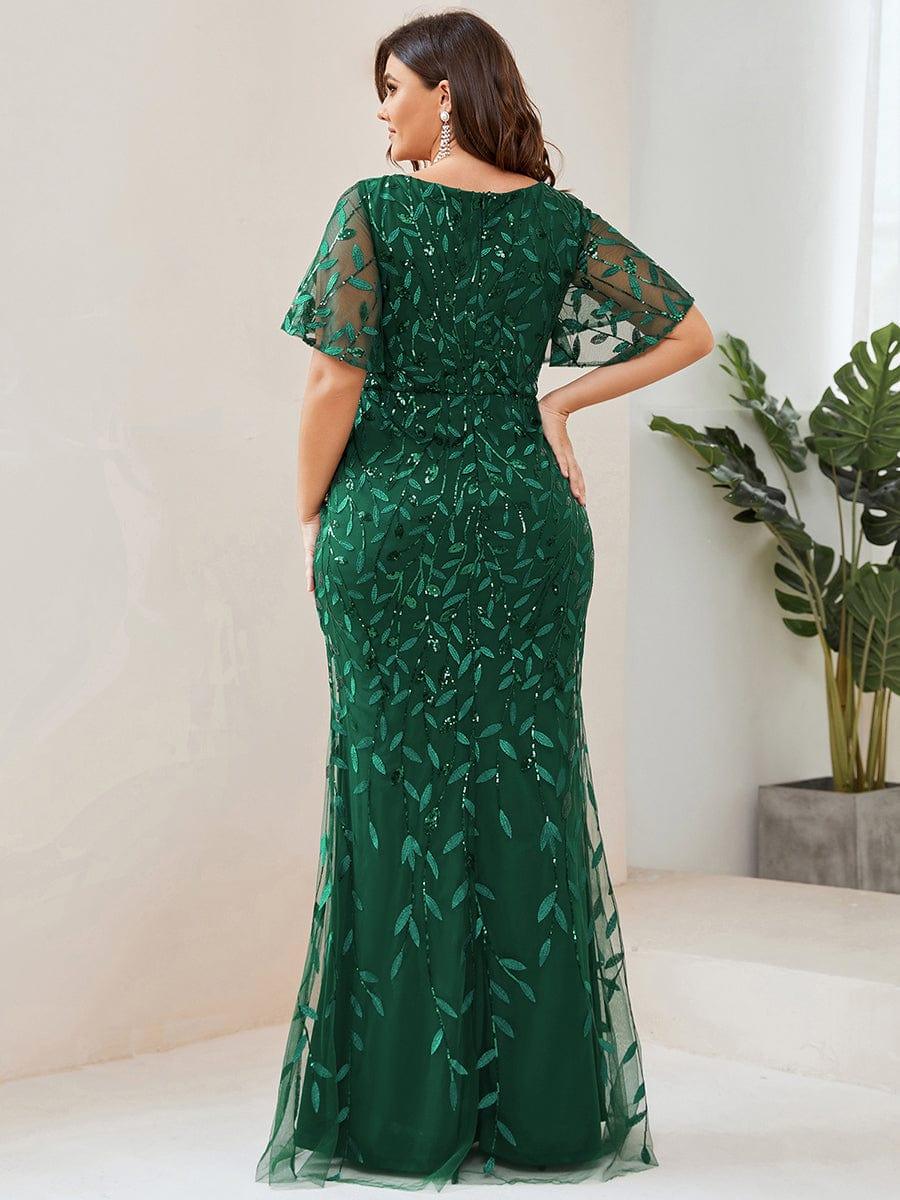 Gorgeous V Neck Leaf-Sequined Fishtail Party Dress #color_Dark Green Gorgeous V Neck Leaf-Sequined Fishtail Party Dress #color_Dark Green