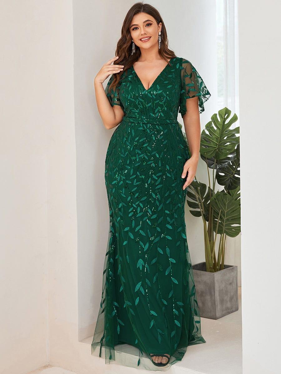Gorgeous V Neck Leaf-Sequined Fishtail Party Dress #color_Dark Green Gorgeous V Neck Leaf-Sequined Fishtail Party Dress #color_Dark Green