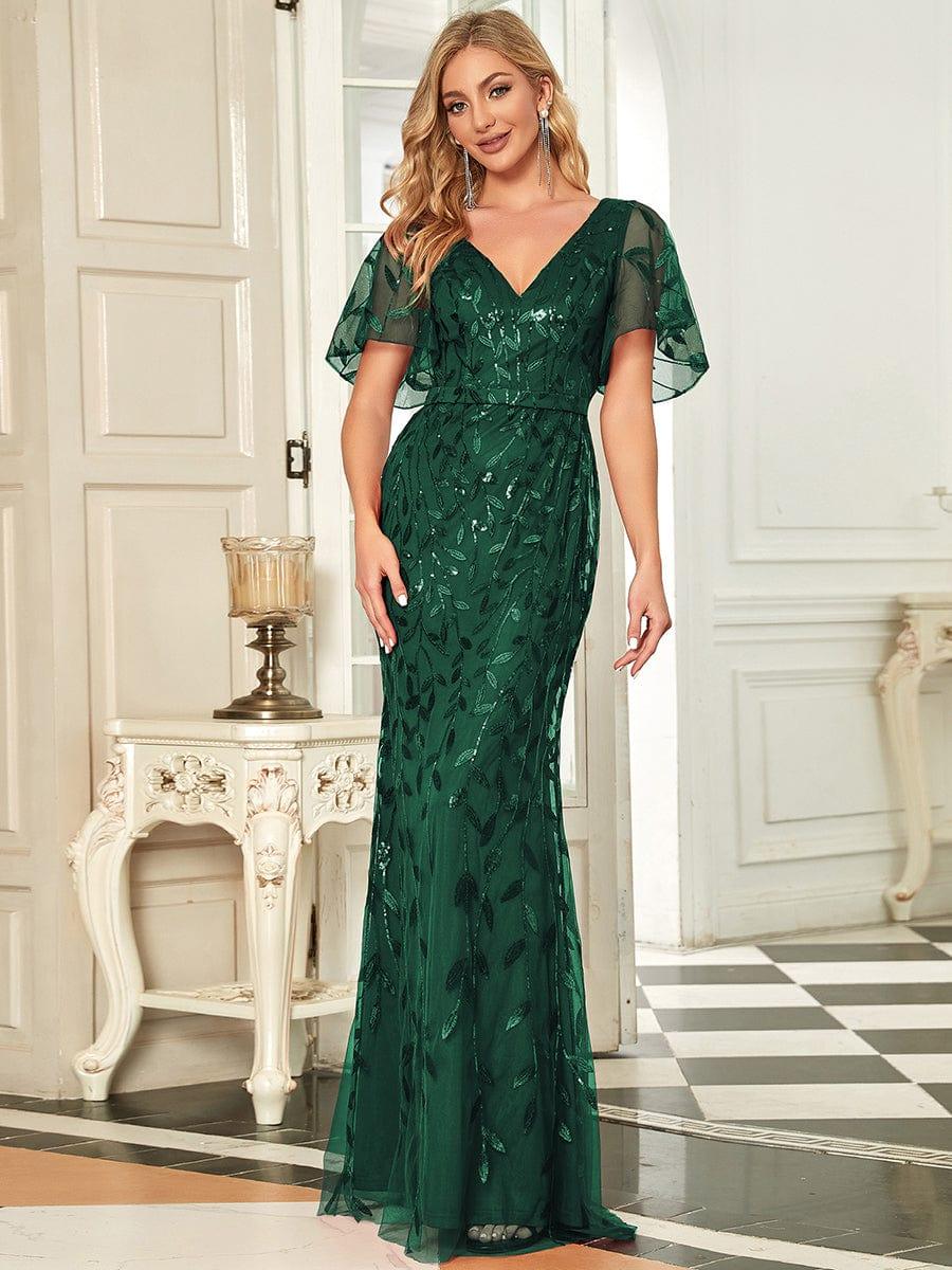 Gorgeous V Neck Leaf-Sequined Fishtail Party Dress #color_Dark Green Gorgeous V Neck Leaf-Sequined Fishtail Party Dress #color_Dark Green