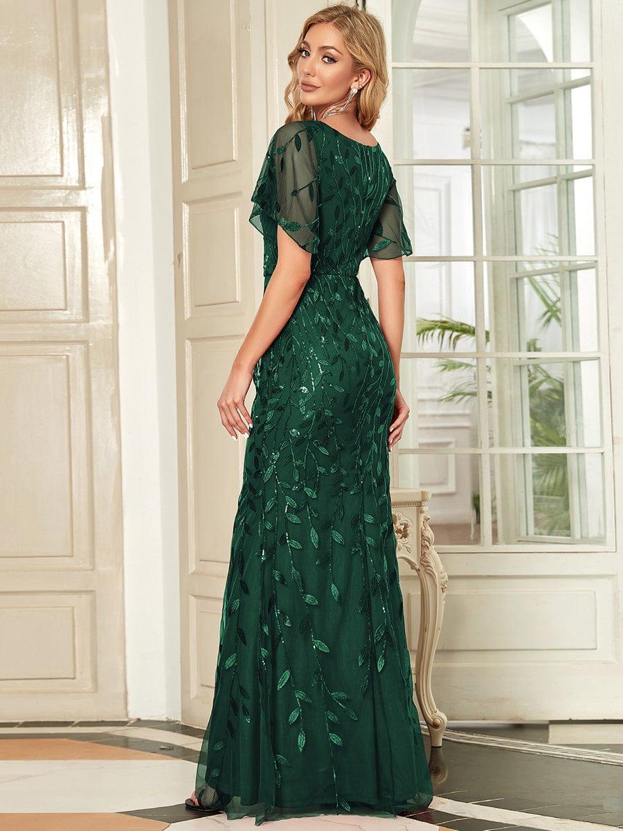 Gorgeous V Neck Leaf-Sequined Fishtail Party Dress #color_Dark Green Gorgeous V Neck Leaf-Sequined Fishtail Party Dress #color_Dark Green