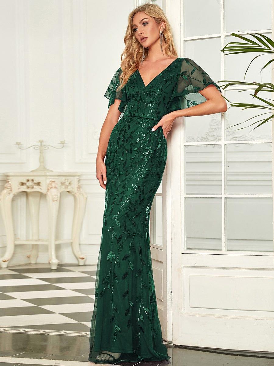 Gorgeous V Neck Leaf-Sequined Fishtail Party Dress #color_Dark Green Gorgeous V Neck Leaf-Sequined Fishtail Party Dress #color_Dark Green