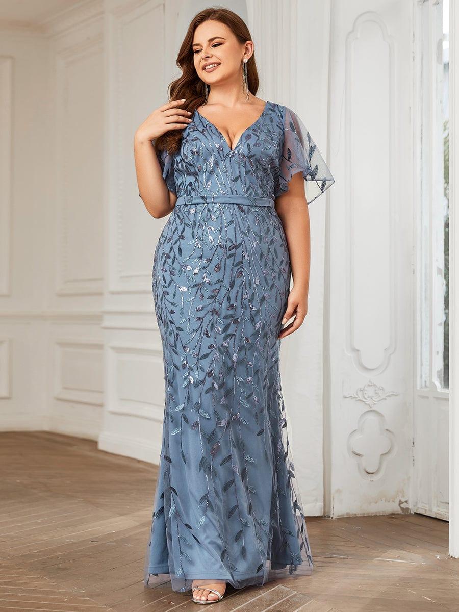 Gorgeous V Neck Leaf-Sequined Fishtail Party Dress #color_Dusty Blue Gorgeous V Neck Leaf-Sequined Fishtail Party Dress #color_Dusty Blue