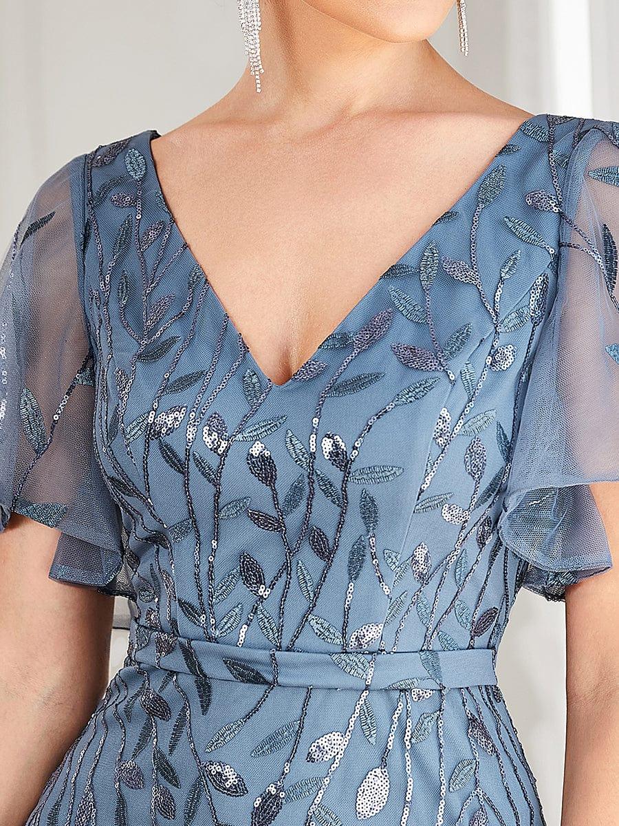 Gorgeous V Neck Leaf-Sequined Fishtail Party Dress #color_Dusty Blue Gorgeous V Neck Leaf-Sequined Fishtail Party Dress #color_Dusty Blue