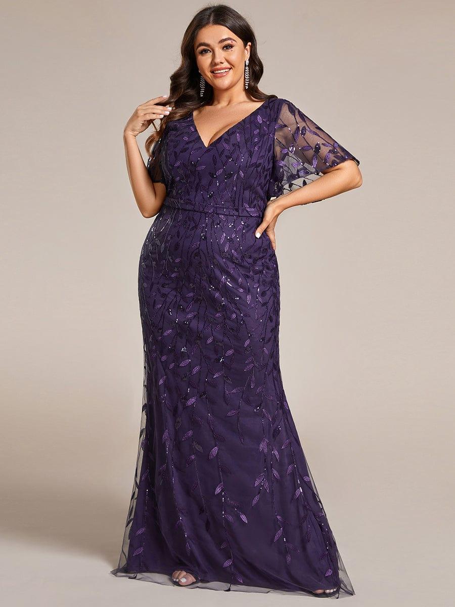 Gorgeous V Neck Leaf-Sequined Fishtail Party Dress #color_Dark Purple Gorgeous V Neck Leaf-Sequined Fishtail Party Dress #color_Dark Purple