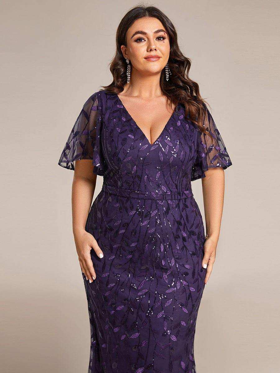 Gorgeous V Neck Leaf-Sequined Fishtail Party Dress #color_Dark Purple Gorgeous V Neck Leaf-Sequined Fishtail Party Dress #color_Dark Purple
