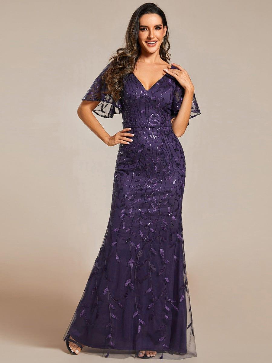 Gorgeous V Neck Leaf-Sequined Fishtail Party Dress #color_Dark Purple Gorgeous V Neck Leaf-Sequined Fishtail Party Dress #color_Dark Purple