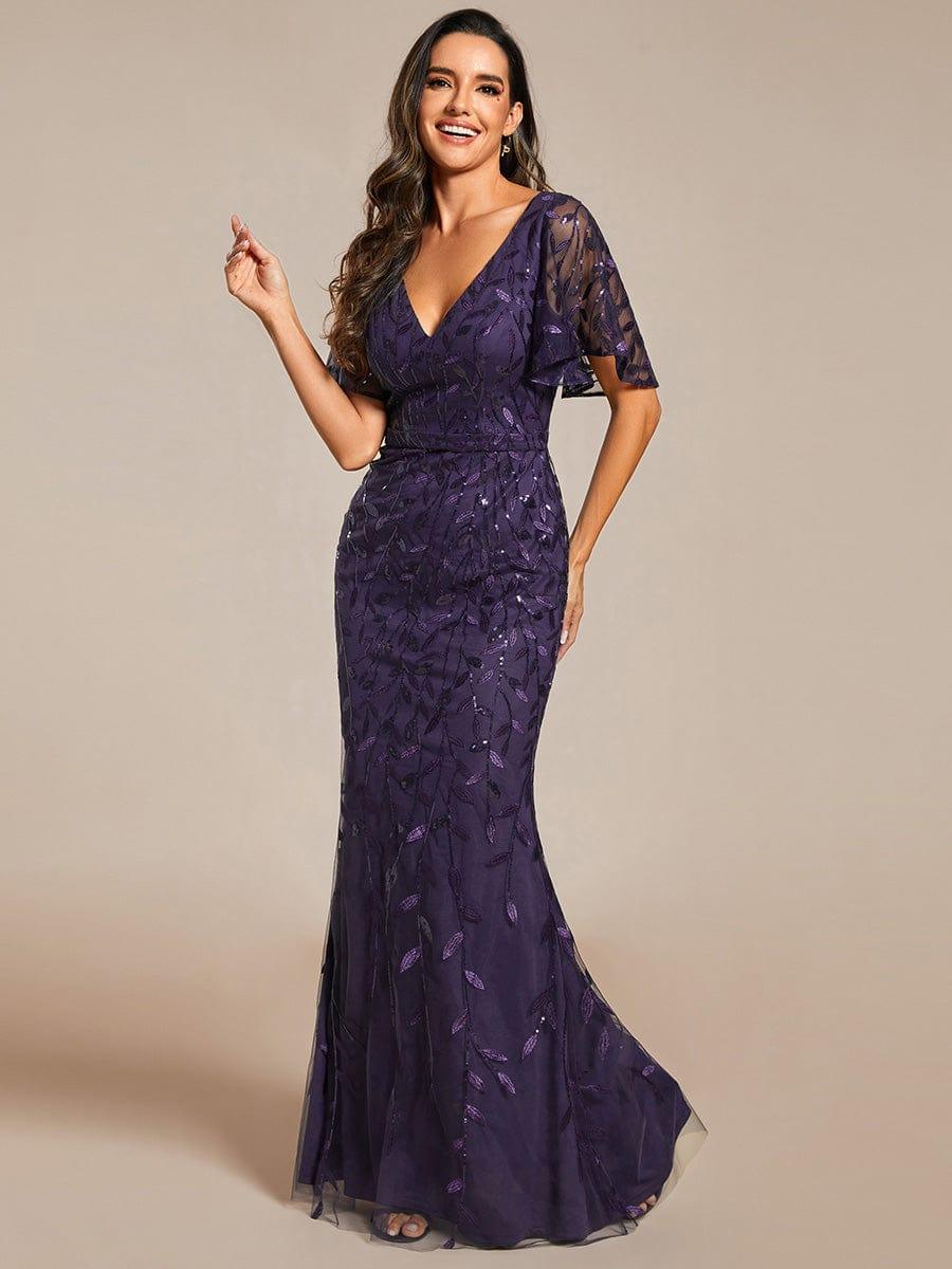 Gorgeous V Neck Leaf-Sequined Fishtail Party Dress #color_Dark Purple Gorgeous V Neck Leaf-Sequined Fishtail Party Dress #color_Dark Purple