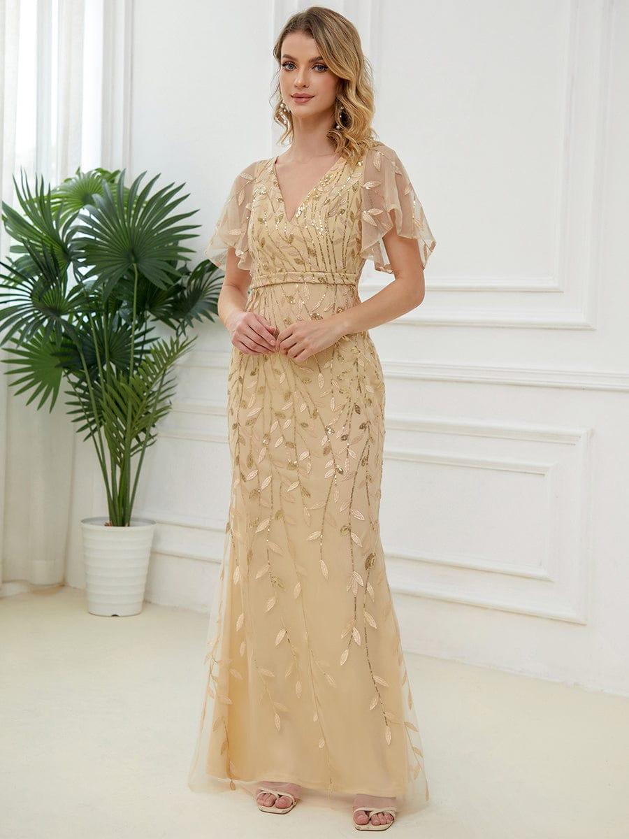 Gorgeous V Neck Leaf-Sequined Fishtail Party Dress #color_Gold Gorgeous V Neck Leaf-Sequined Fishtail Party Dress #color_Gold