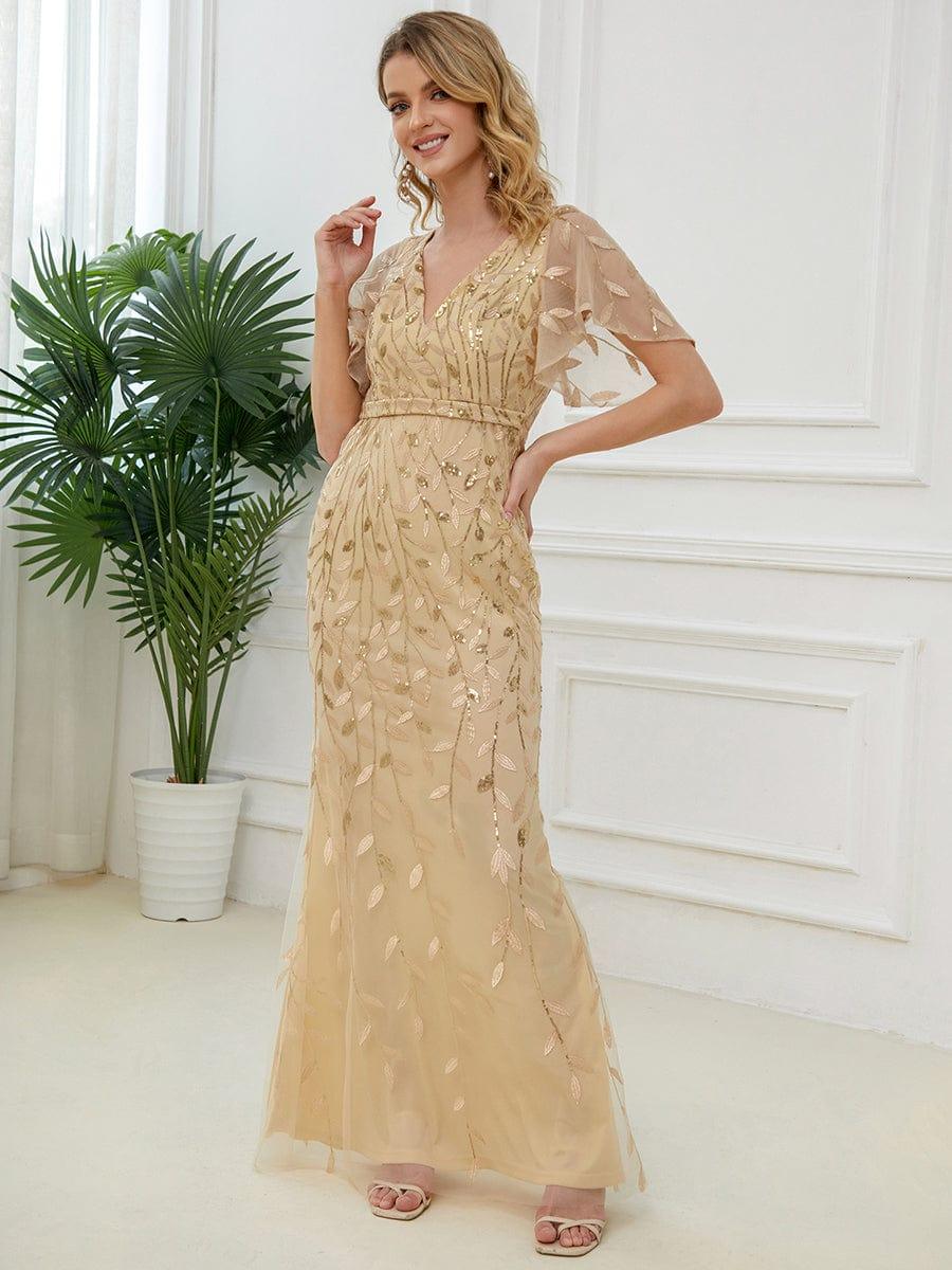 Gorgeous V Neck Leaf-Sequined Fishtail Party Dress #color_Gold Gorgeous V Neck Leaf-Sequined Fishtail Party Dress #color_Gold