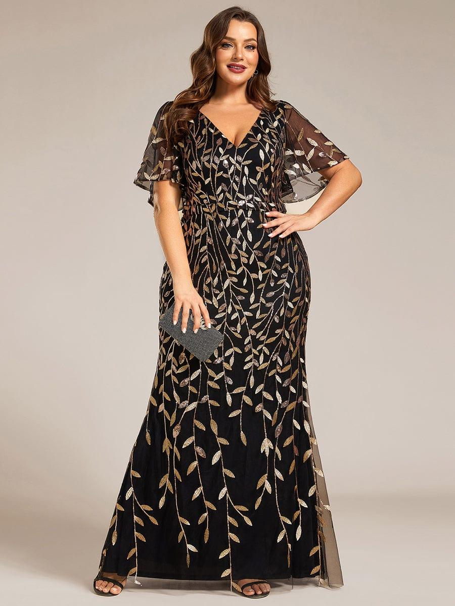 Gorgeous V Neck Leaf-Sequined Fishtail Party Dress #color_Black & Gold Gorgeous V Neck Leaf-Sequined Fishtail Party Dress #color_Black & Gold