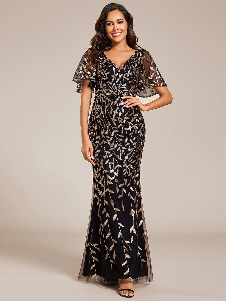 Gorgeous V Neck Leaf-Sequined Fishtail Party Dress #color_Black & Gold Gorgeous V Neck Leaf-Sequined Fishtail Party Dress #color_Black & Gold