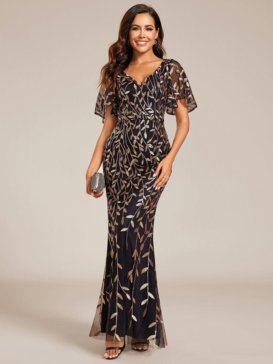 Gorgeous V Neck Leaf-Sequined Fishtail Party Dress #color_Black & Gold Gorgeous V Neck Leaf-Sequined Fishtail Party Dress #color_Black & Gold