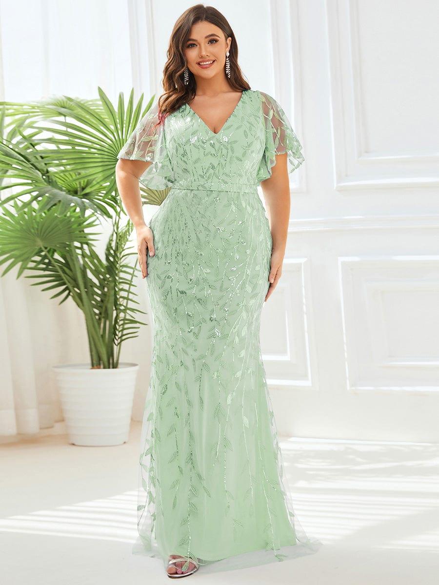 Gorgeous V Neck Leaf-Sequined Fishtail Party Dress #color_Mint Green Gorgeous V Neck Leaf-Sequined Fishtail Party Dress #color_Mint Green