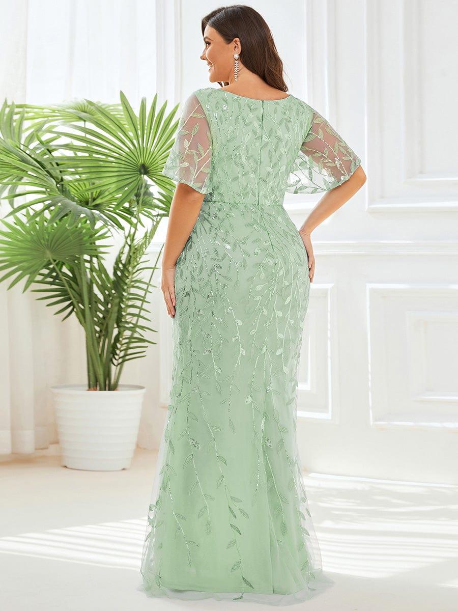Gorgeous V Neck Leaf-Sequined Fishtail Party Dress #color_Mint Green Gorgeous V Neck Leaf-Sequined Fishtail Party Dress #color_Mint Green