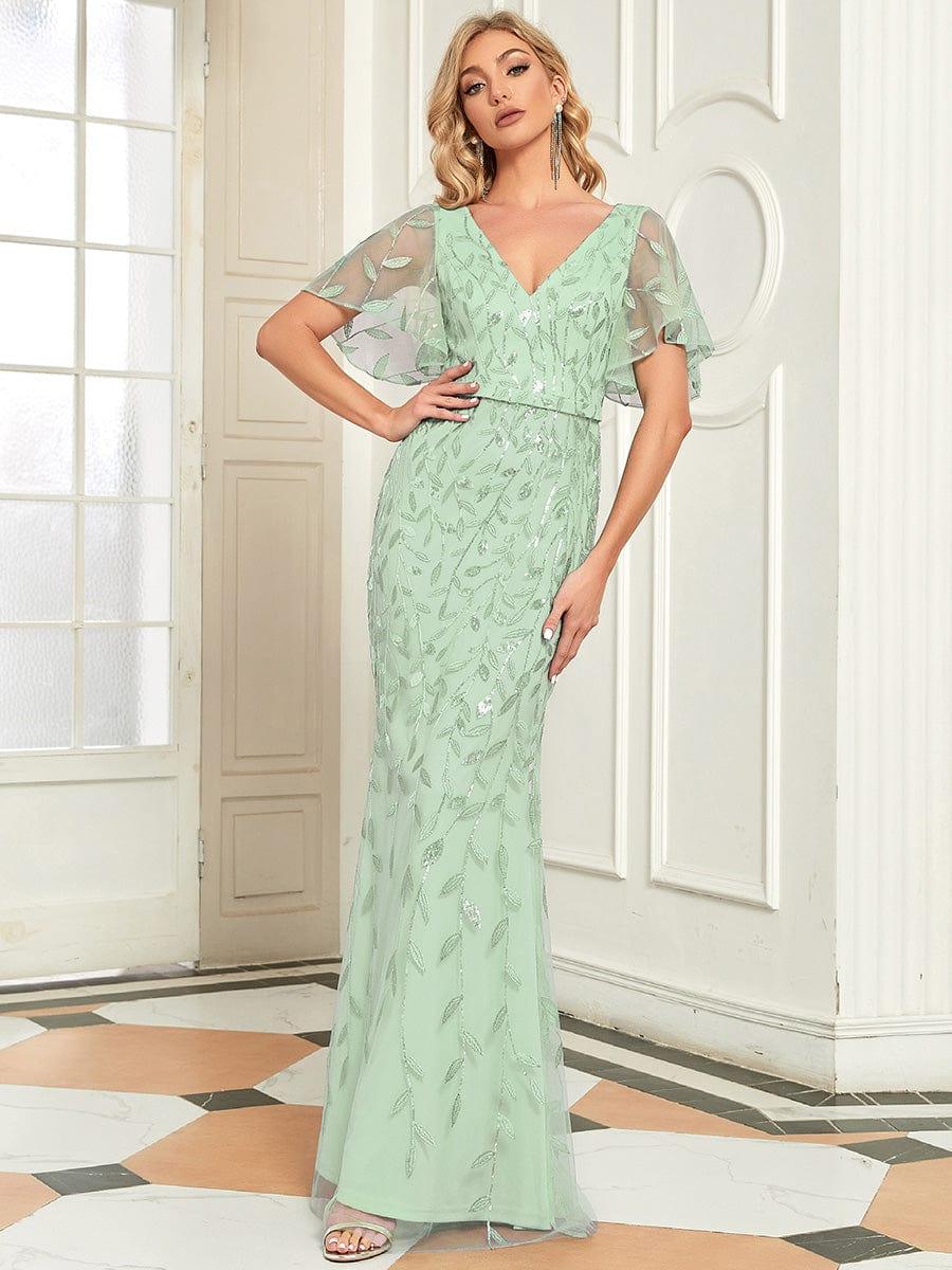 Gorgeous V Neck Leaf-Sequined Fishtail Party Dress #color_Mint Green Gorgeous V Neck Leaf-Sequined Fishtail Party Dress #color_Mint Green