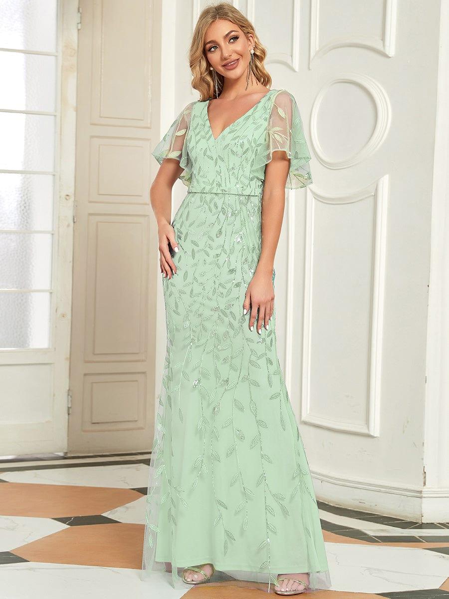 Gorgeous V Neck Leaf-Sequined Fishtail Party Dress #color_Mint Green Gorgeous V Neck Leaf-Sequined Fishtail Party Dress #color_Mint Green
