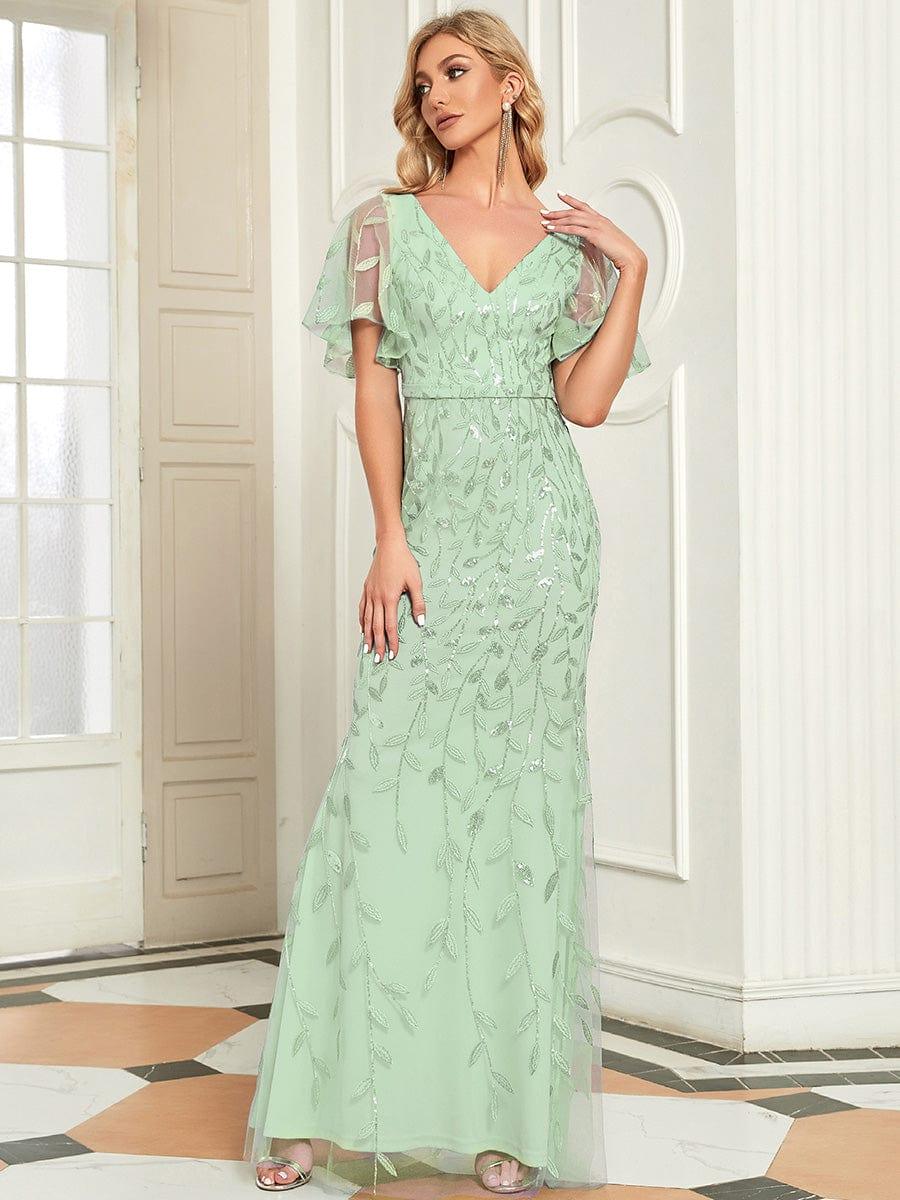 Gorgeous V Neck Leaf-Sequined Fishtail Party Dress #color_Mint Green Gorgeous V Neck Leaf-Sequined Fishtail Party Dress #color_Mint Green
